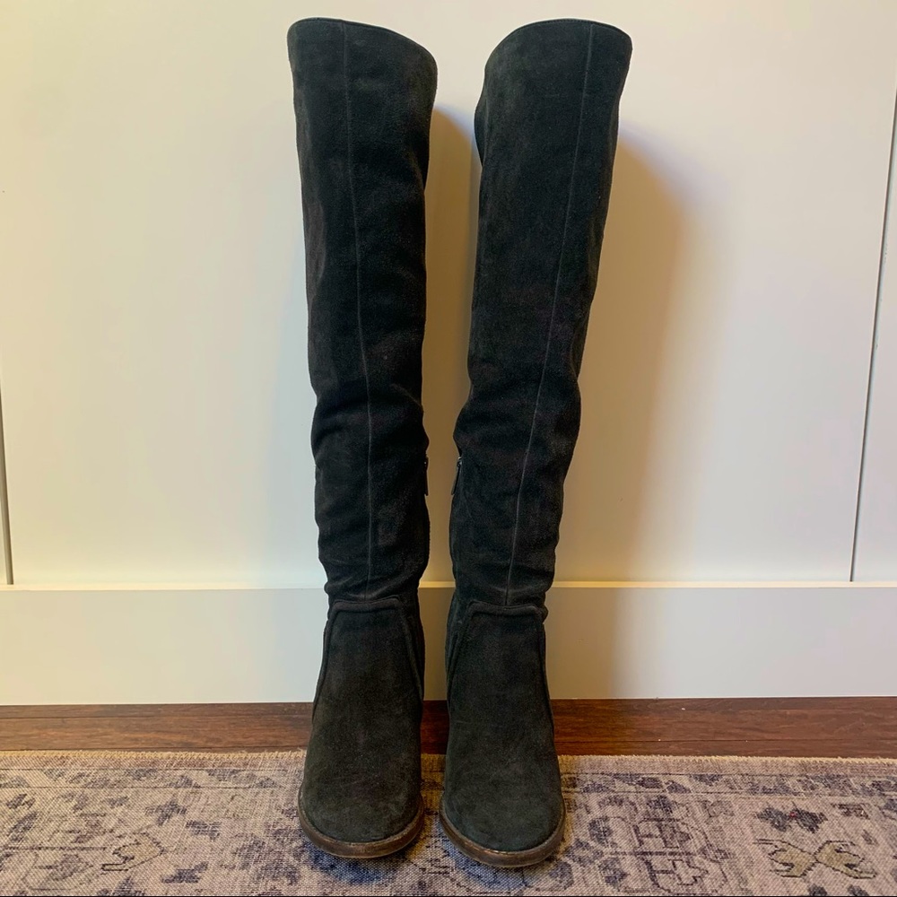 VINCE CAMUTO Melaya Tall OTK Boot Anchor Suede Gray, Stacked Heel Boot Sz 7.5